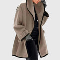 Women's Fleece Jacket with Contrast Trim and Wide Collar - Brown