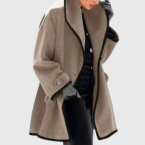 Women's Fleece Jacket with Contrast Trim and Wide Collar - Brown