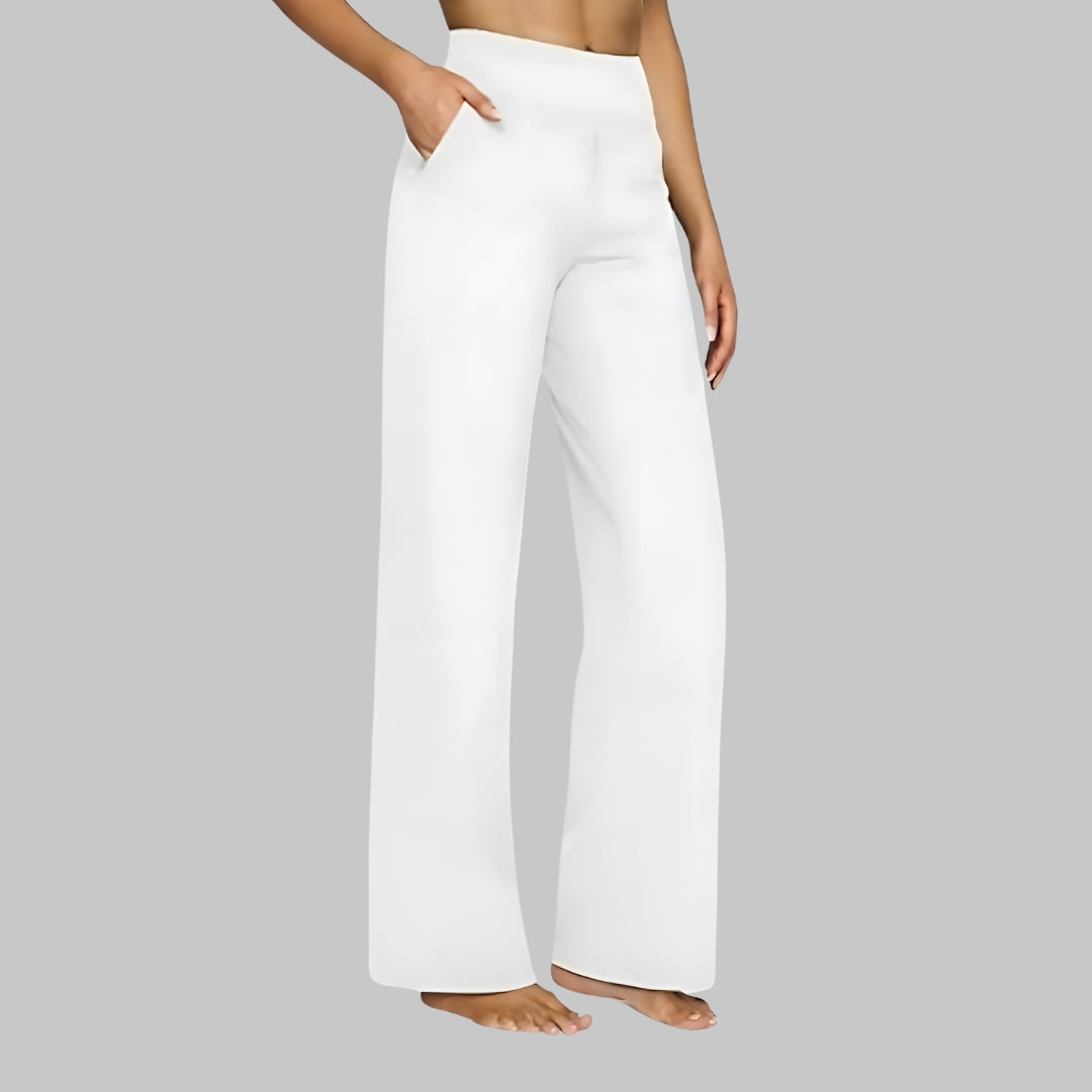 Women's Straight Leg Trousers with High Waist and Pockets - White
