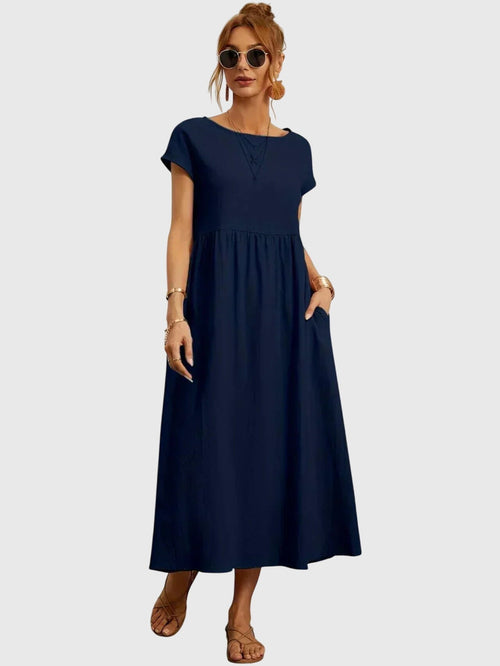 Women's Casual Pocket Dress with Round Neck and Short Sleeves - Navy Blue