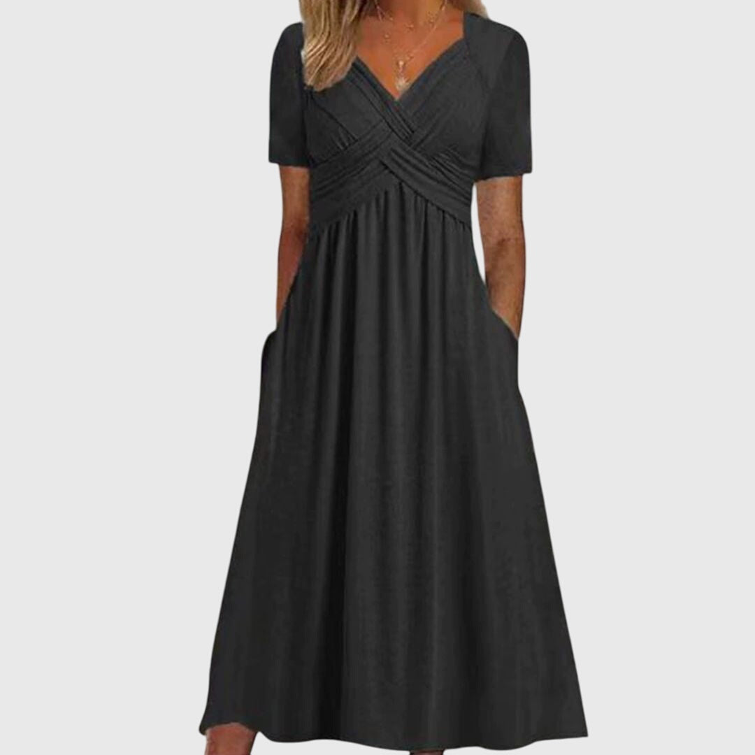 Women's Midi Dress Short Sleeve with Crossover V-Neck and A-Line Skirt - Black