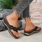 Women's Toe-Post Sandals with Floral Detail and Low Wedge - 14