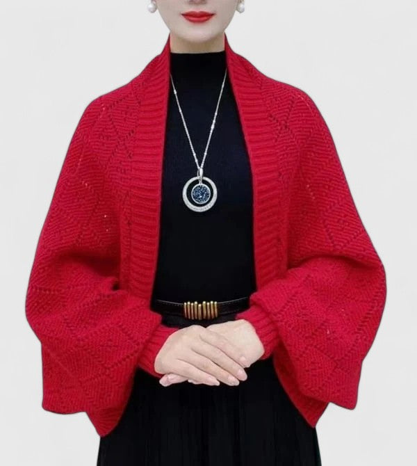 Women's Open-Front Cardigan with Balloon Sleeves - Red