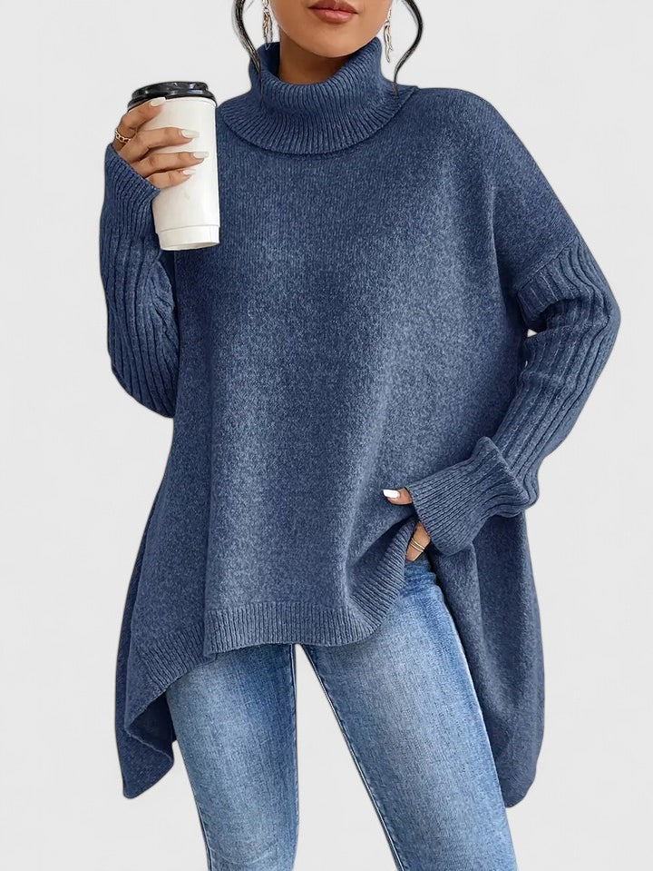 Women's Jumper Roll Neck Long Sleeve Asymmetric Hem - Navy Blue