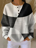 Women's Jumper Long Sleeve with Button Placket and Colour Block Print - Multi-Coloured