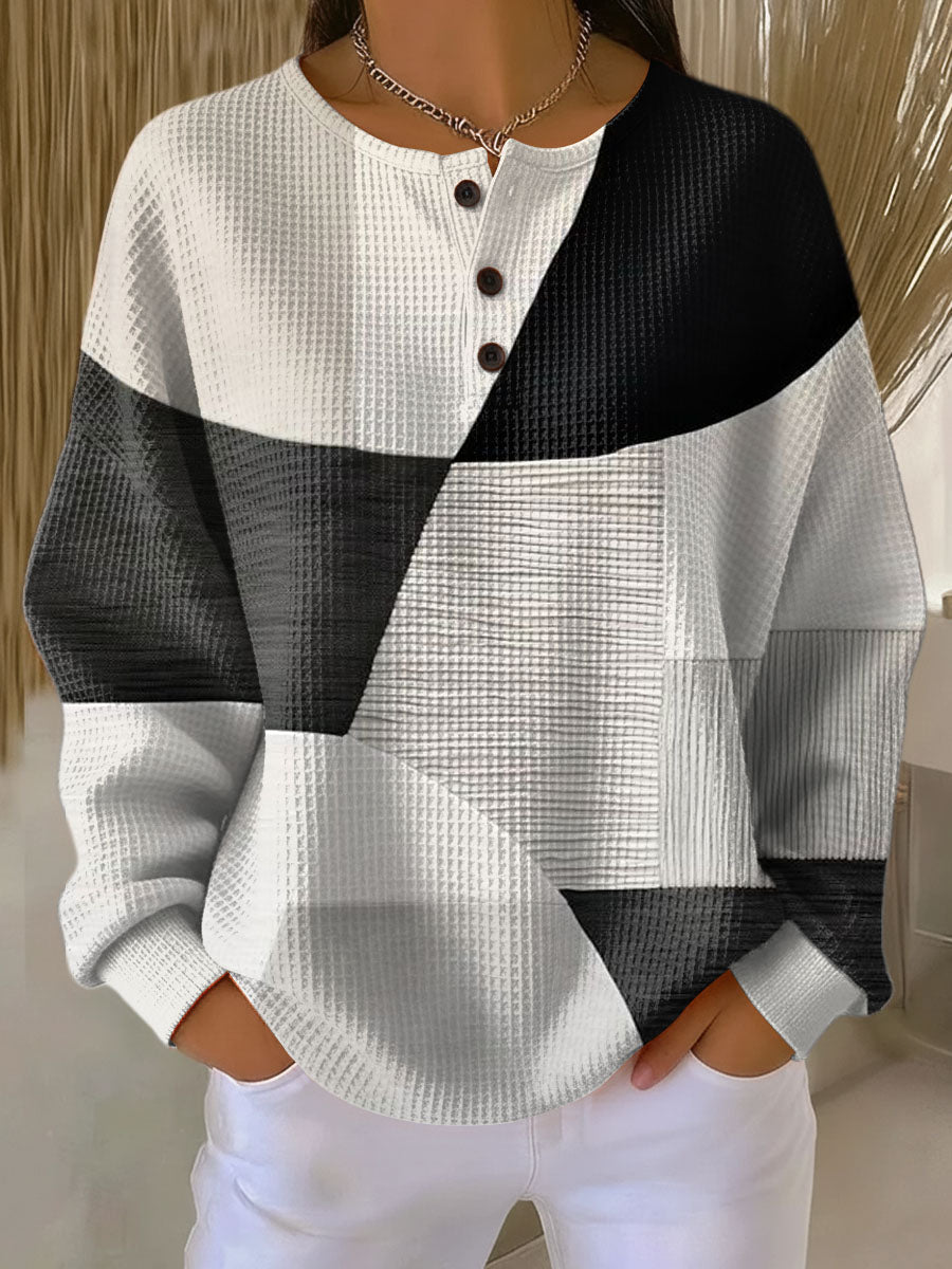 Women's Jumper Long Sleeve with Button Placket and Colour Block Print - Multi-Coloured