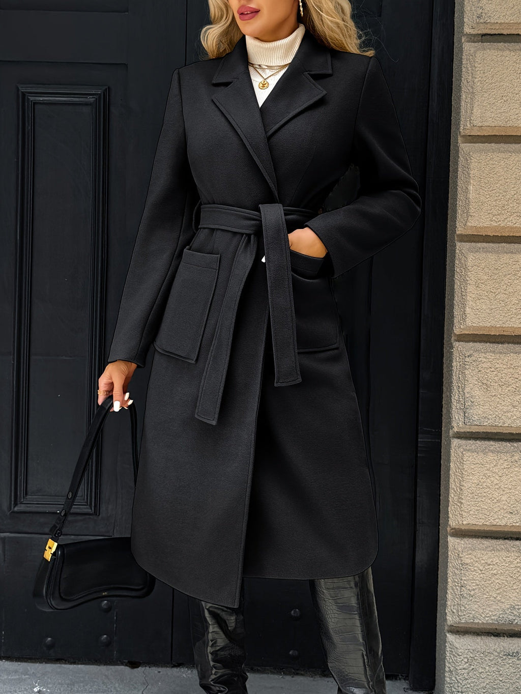 Women's Belted Long Coat Notch Lapel Front Pockets - 16