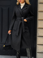 Women's Belted Long Coat Notch Lapel Front Pockets - 16