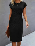 Women's Midi Dress with Round Neck and Ruched Waist - Black