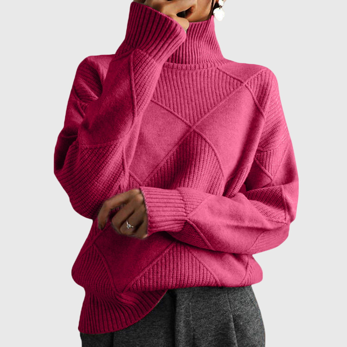 Women's Roll Neck Jumper with Geometric Knit Pattern - Rose