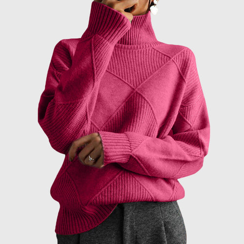 Women's Roll Neck Jumper with Geometric Knit Pattern - Rose