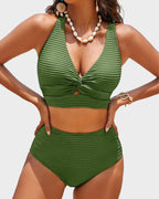 Twist-Front Ribbed High-Waisted Bikini Set - 5