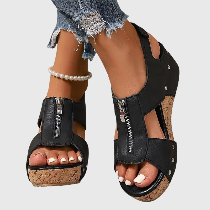 Women's Wedge Sandals with Front Zip and Studded Straps - 9