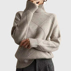 Women's Roll Neck Jumper with Geometric Knit Pattern - Grey