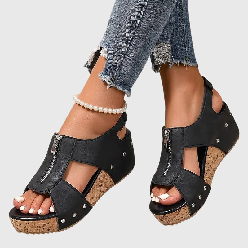 Women's Wedge Sandals with Front Zip and Studded Straps