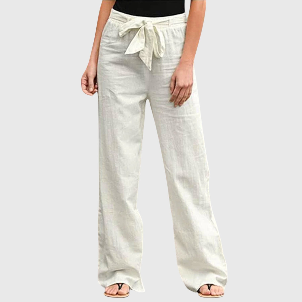 Women's Trousers Wide Leg with Tie-Waist - White