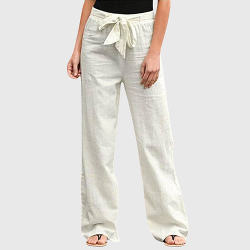 Women's Trousers Wide Leg with Tie-Waist - White
