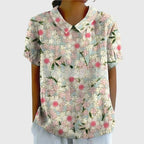 Women's Floral Blouse Short Sleeve with V-Neck and Relaxed Fit - Apricot
