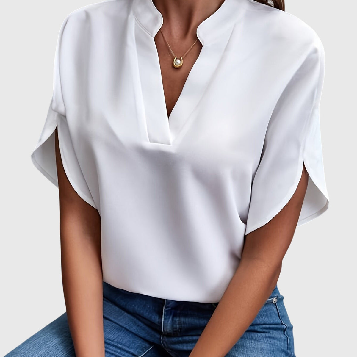 Women's Blouse Short Sleeve with V-Neck and Split Cuffs - White