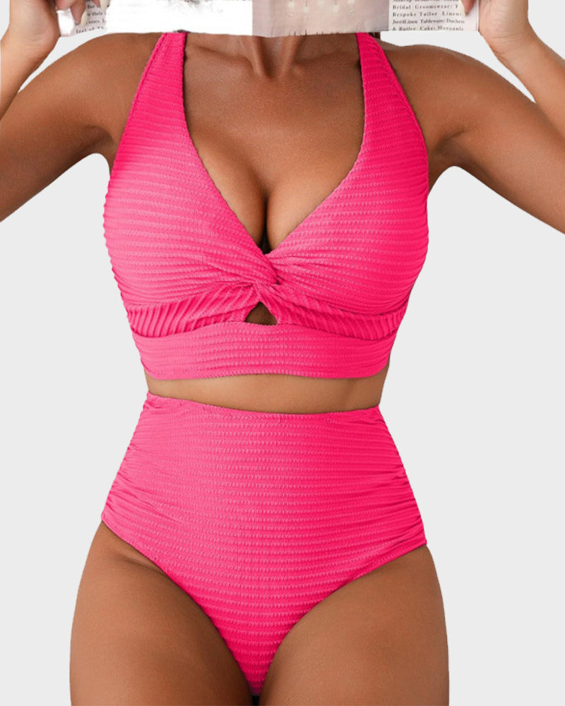 Twist-Front Ribbed High-Waisted Bikini Set - Pink