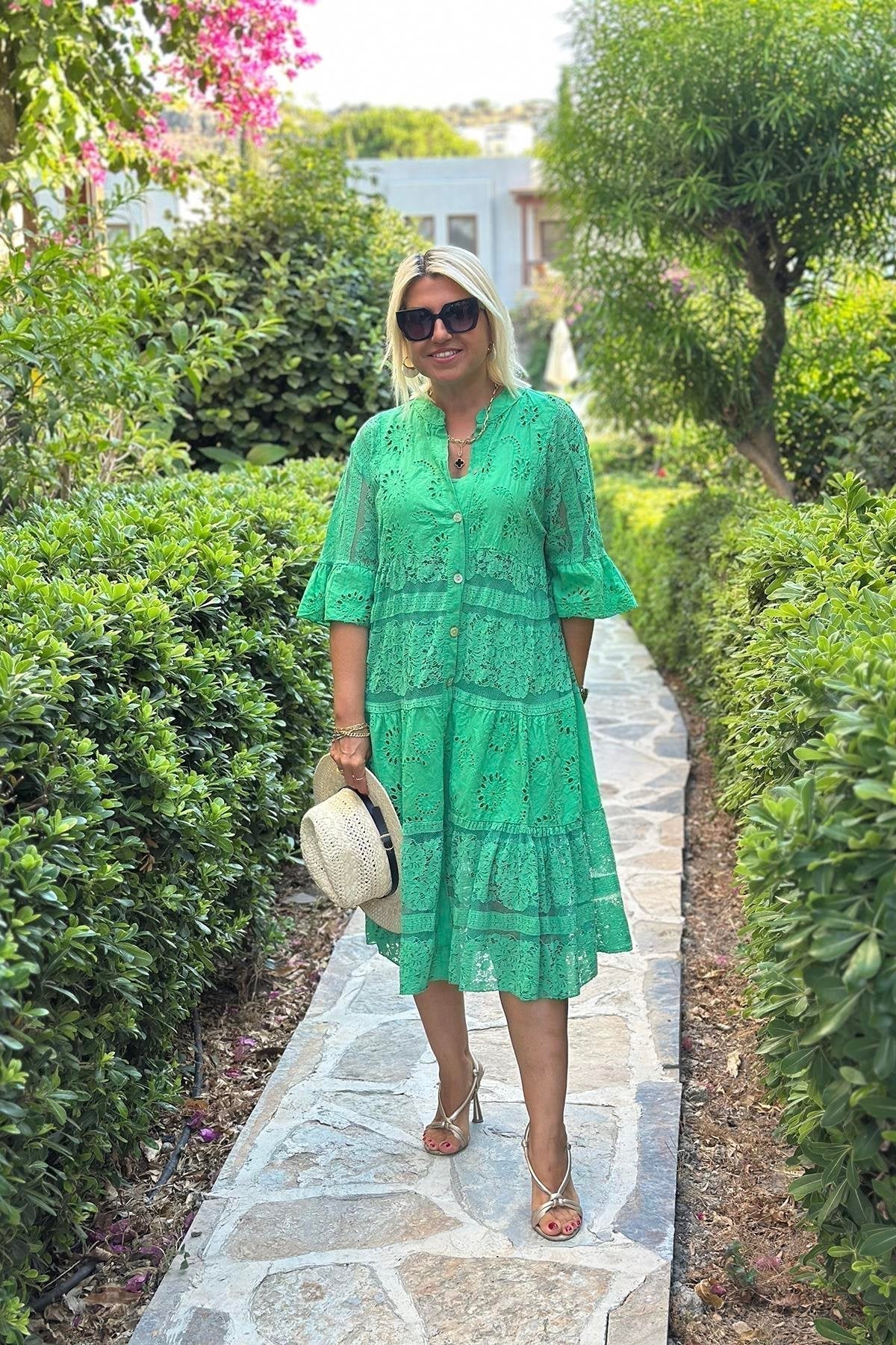 Women's A-Line Dress with Three-Quarter Sleeves and Front Buttons - Light Blue