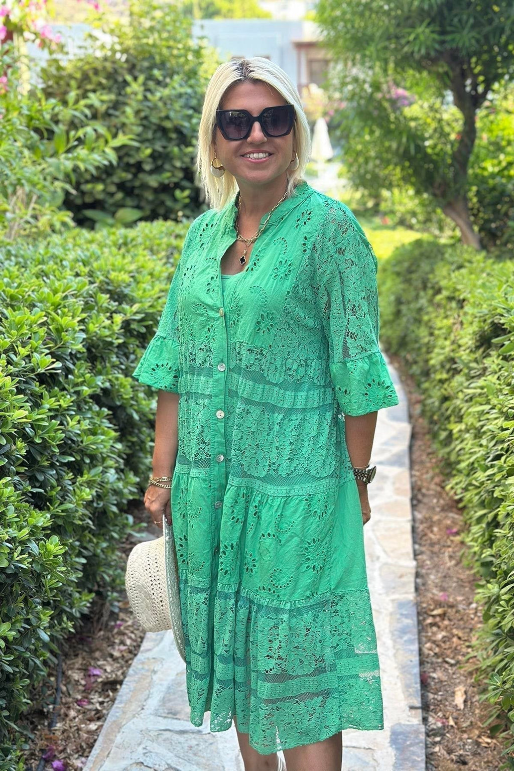 Women's A-Line Dress with Three-Quarter Sleeves and Front Buttons - 7
