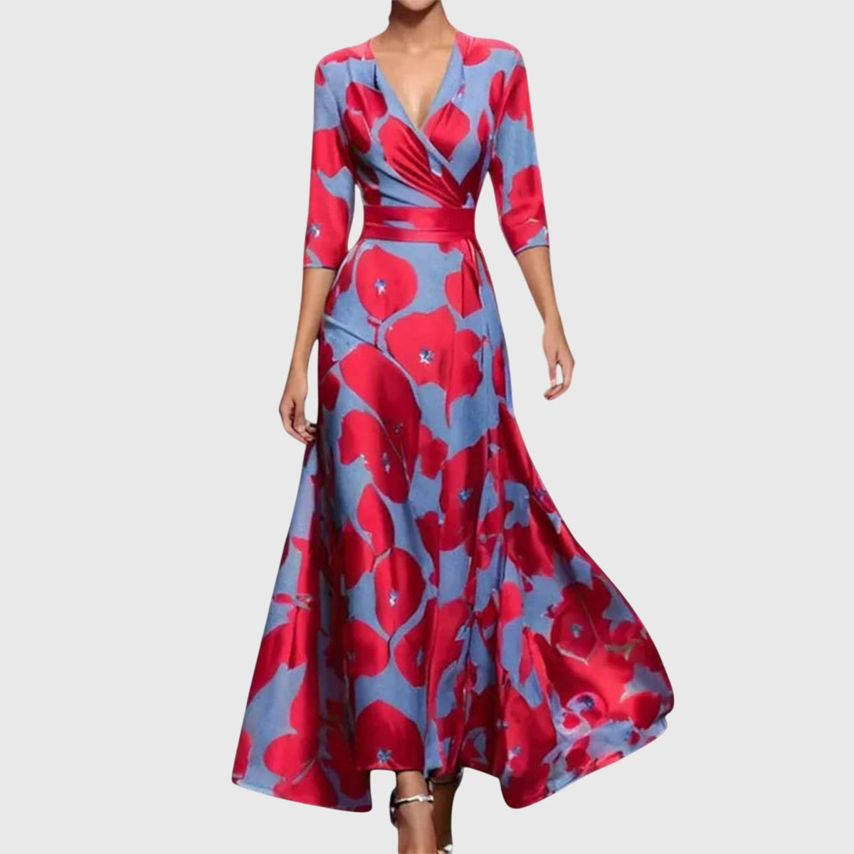 Women's Wrap Dress with V-Neck and Three-Quarter Sleeves - Red