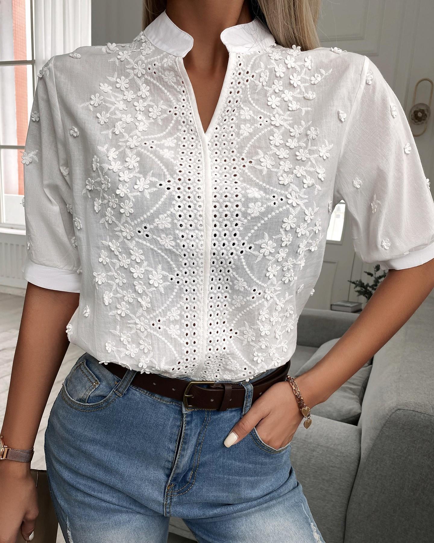 Women's Blouse with V-Neck Mandarin Collar and Floral Lace Embroidery - White