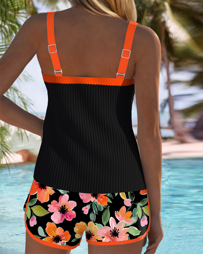 Tummy-Control Tankini Swimsuit Set with Floral Shorts - 3