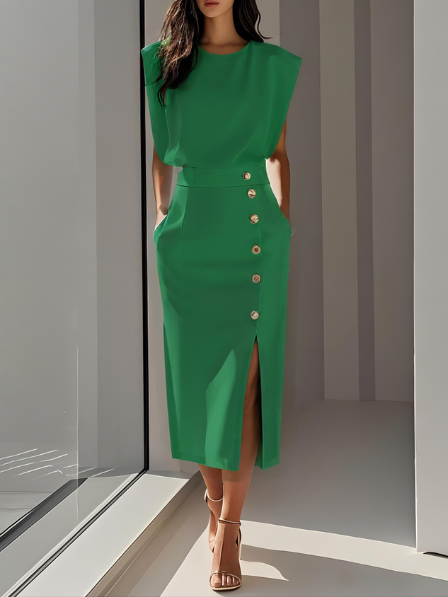 Women's Bodycon Midi Dress Sleeveless with Button Detail and Side Slit - Green