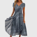 Women's Midi Dress with V-Neck and Flowing Swirl Print Skirt - Grey