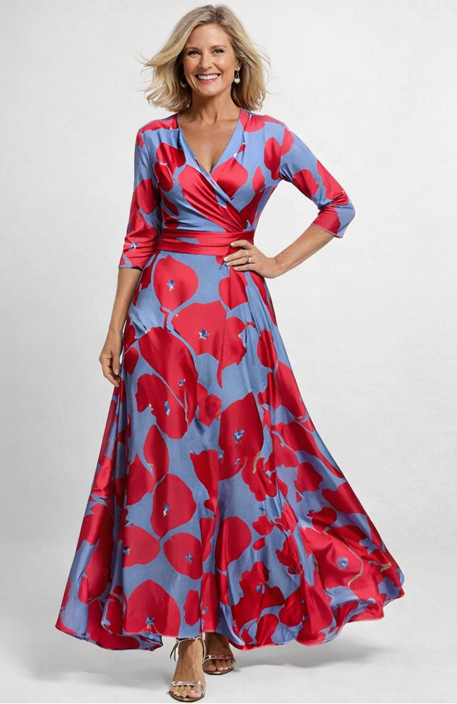 Women's Floral Maxi Dress with V-Neck and Three-Quarter Sleeves - Blue/Red