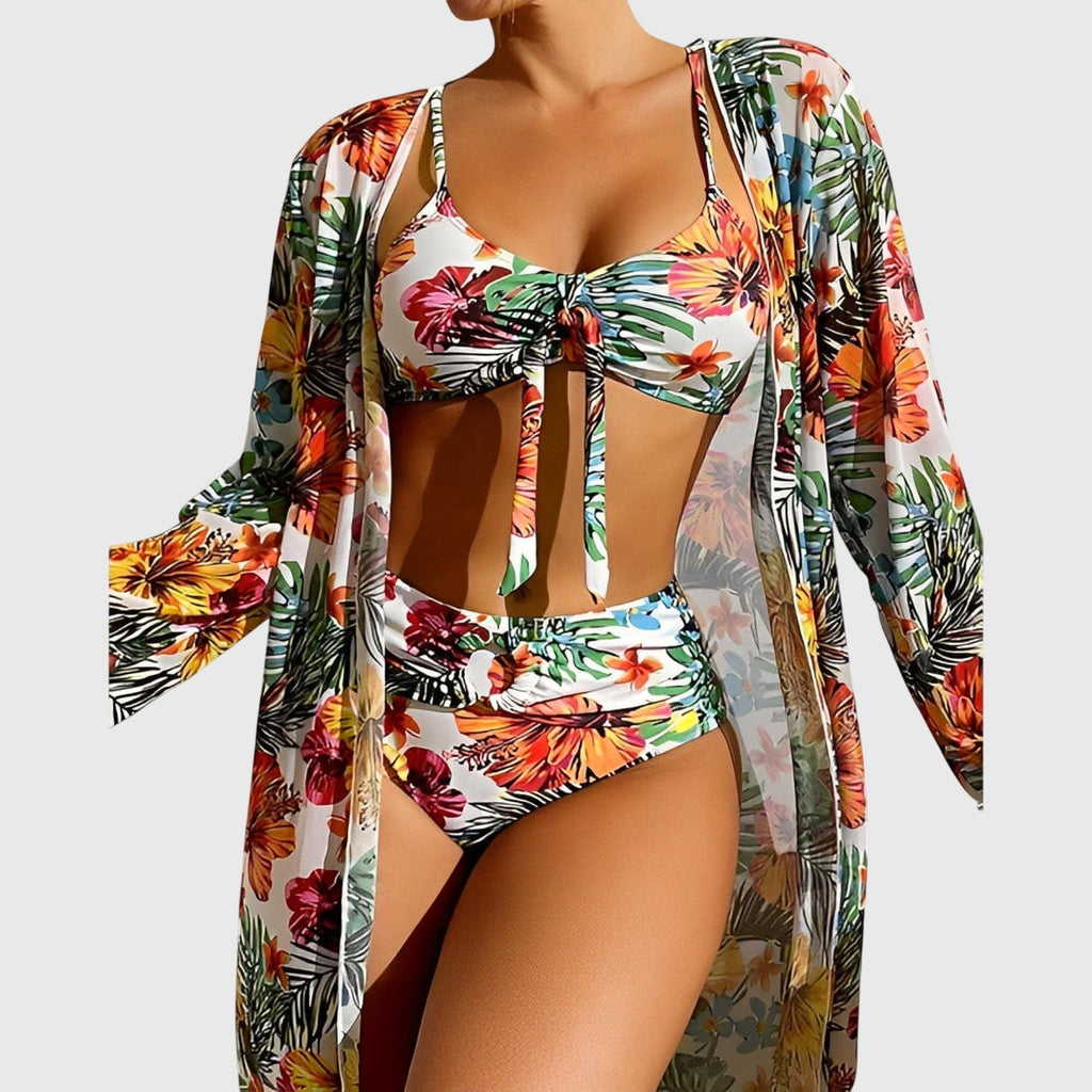 Women's Bikini Set with Tropical Print and Tie-Front Top - White