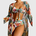Women's Bikini Set with Tropical Print and Tie-Front Top - White