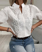 Women's Blouse with V-Neck Mandarin Collar and Floral Lace Embroidery