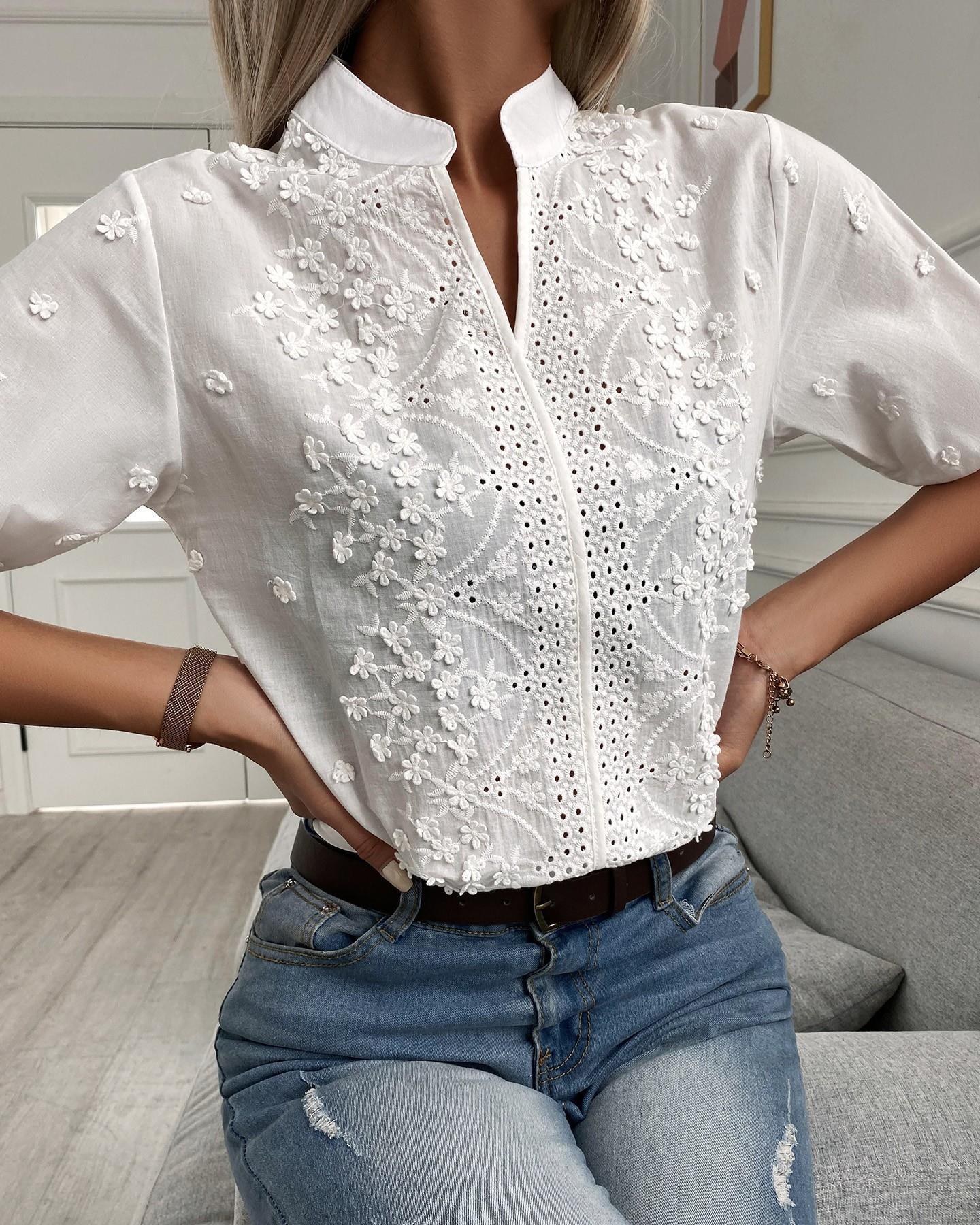 Women's Blouse with V-Neck Mandarin Collar and Floral Lace Embroidery