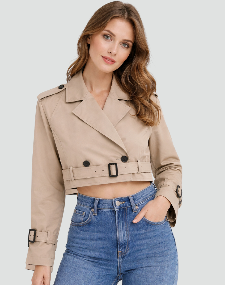 Women's Cropped Trench Coat with Belted Waist and Double-Breasted Front - Khaki