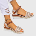 Women's Wedge Sandals with Woven Straps and Ankle Strap - White/Brown