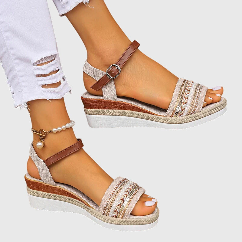 Women's Wedge Sandals with Woven Straps and Ankle Strap - White/Brown