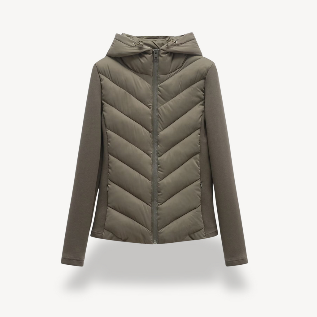 Women's Chevron Quilted Jacket with Hood - Green