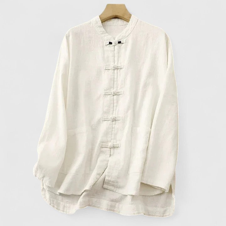 Women's Shirt with Knot Closures and Stand Collar - White
