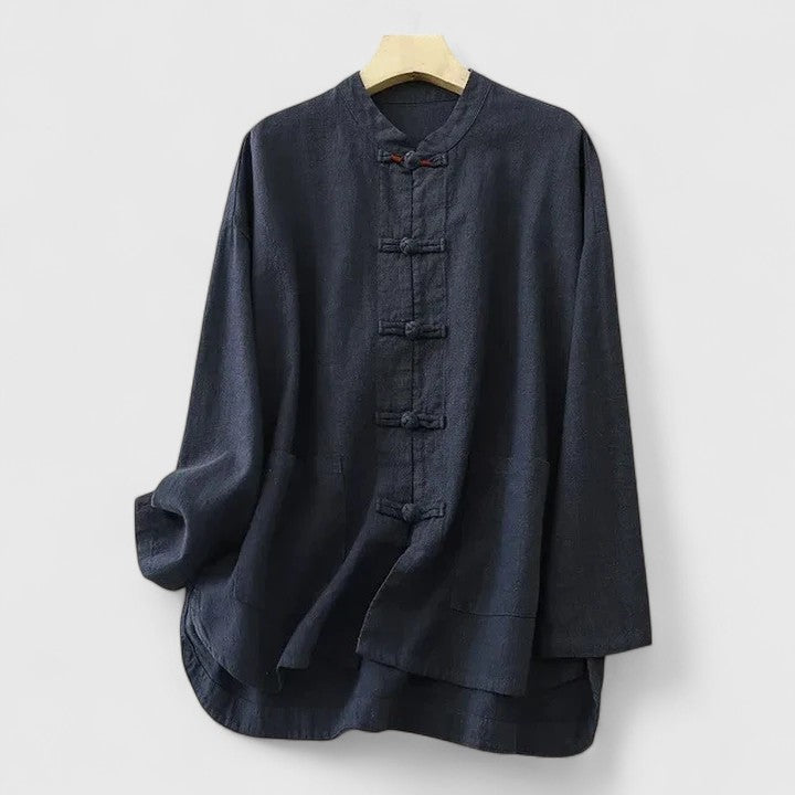 Women's Shirt with Knot Closures and Stand Collar - Navy Blue