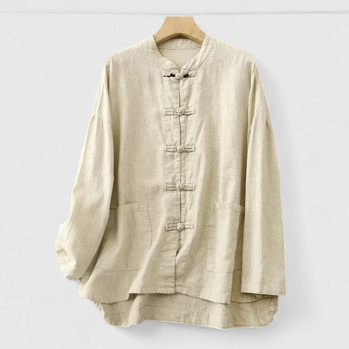 Women's Shirt with Knot Closures and Stand Collar - Beige