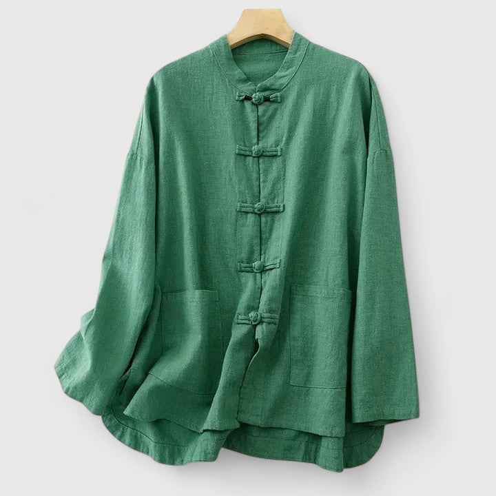 Women's Shirt with Knot Closures and Stand Collar - Green