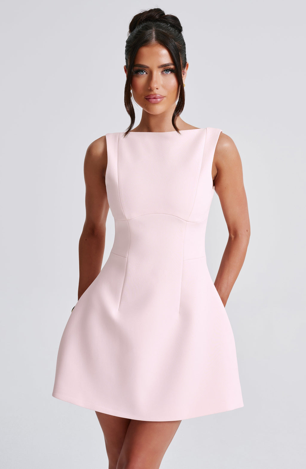Women's Structured Mini Dress Sleeveless with Boat Neck and A-Line Skirt - 6
