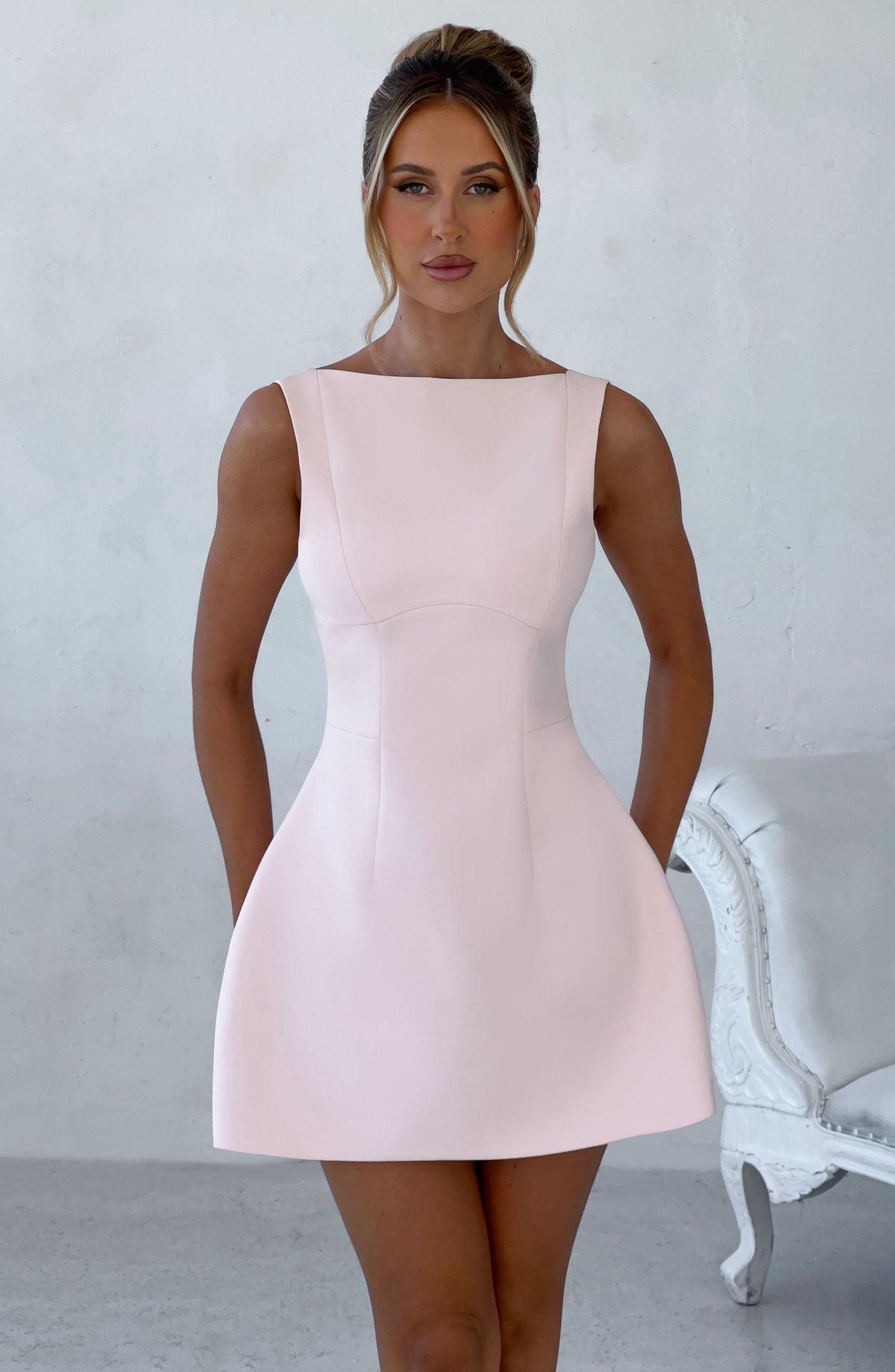 Women's Structured Mini Dress Sleeveless with Boat Neck and A-Line Skirt - 4