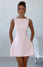 Women's Structured Mini Dress Sleeveless with Boat Neck and A-Line Skirt - 4