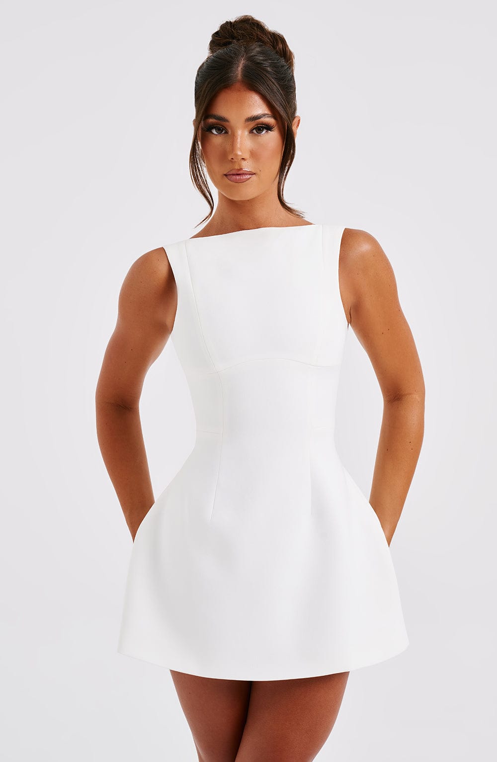 Women's Sleeveless Mini Dress with Boat Neck and A-Line Skirt - 9