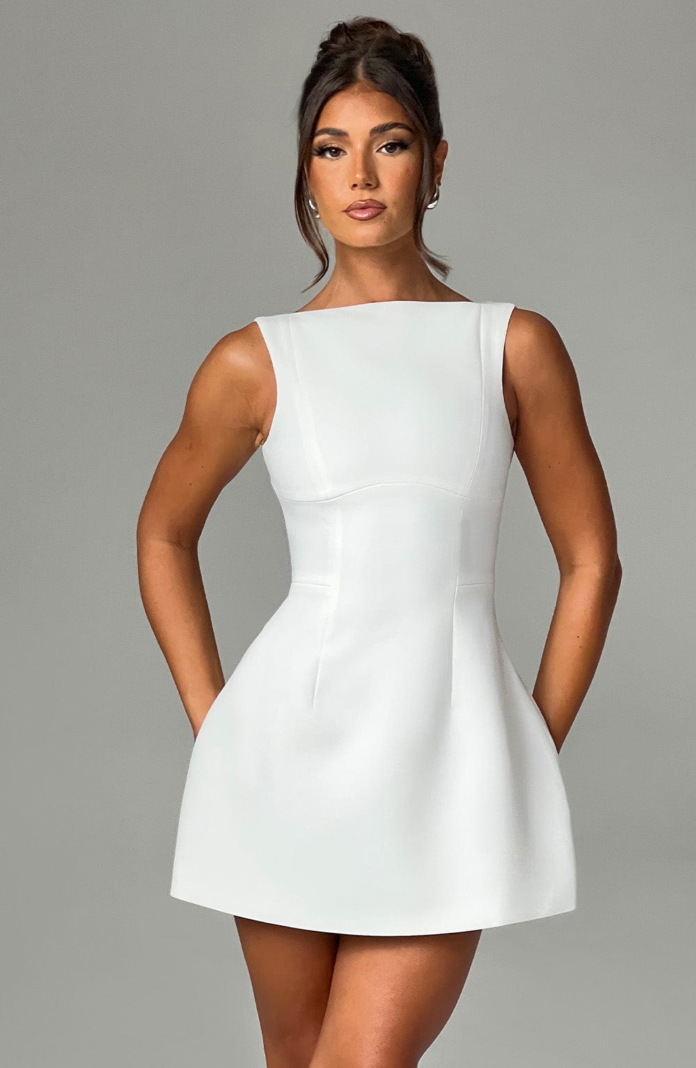 Women's Sleeveless Mini Dress with Boat Neck and A-Line Skirt - 5