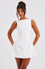 Women's Sleeveless Mini Dress with Boat Neck and A-Line Skirt - 8